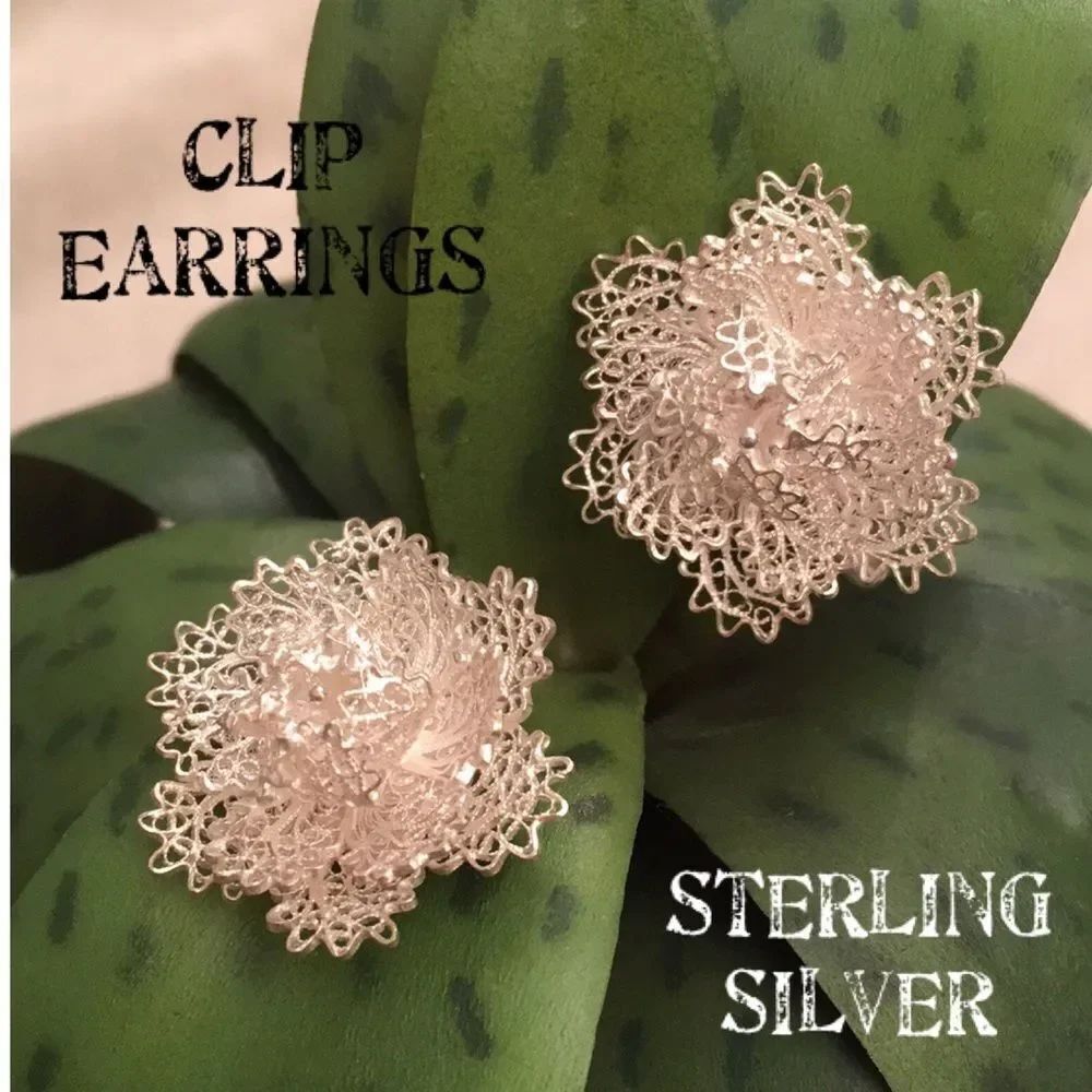 Sterling Silver Filigree Flower Screw Back Clip Earrings